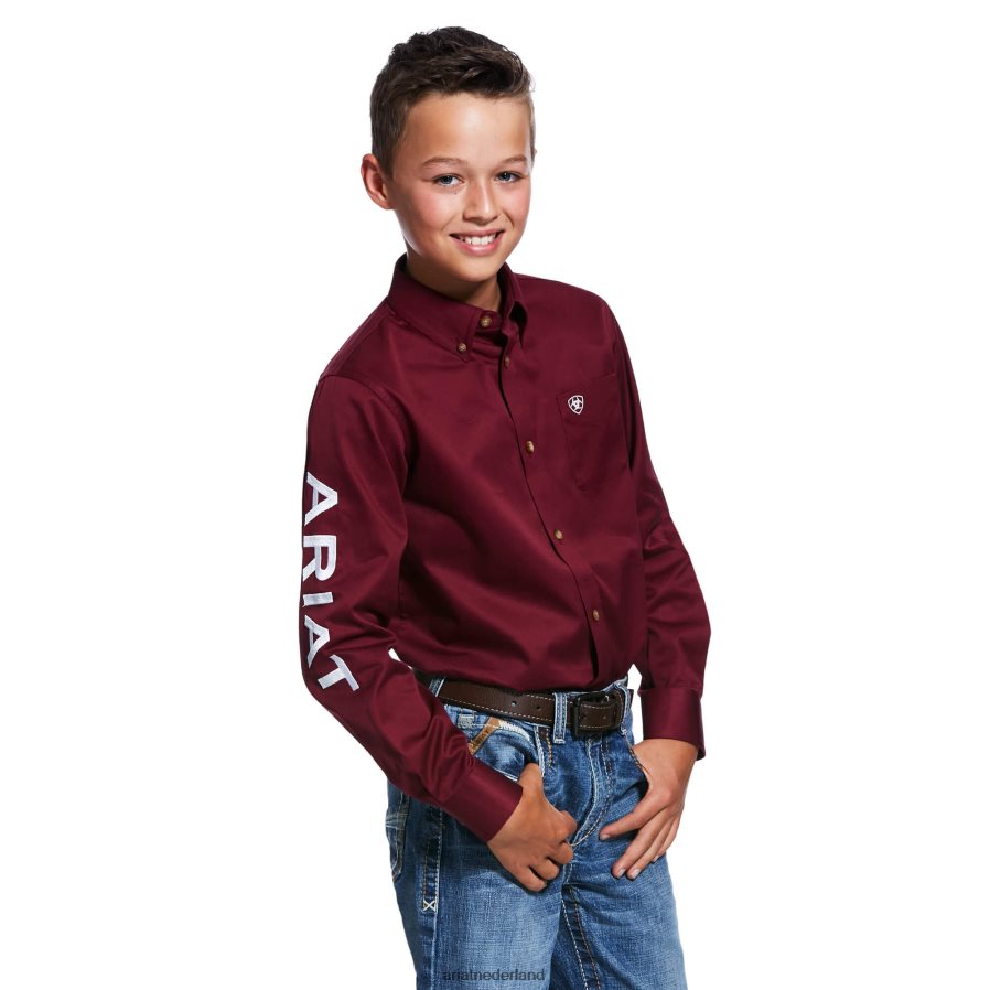 bordeaux/wit Klassiek fit overhemd van keperstof met teamlogo Ariat kinderen kleding PJ26LN4065