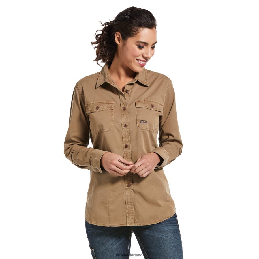 khaki werkoverhemd van gewassen keperstof Ariat vrouwen topjes PJ26LN3048