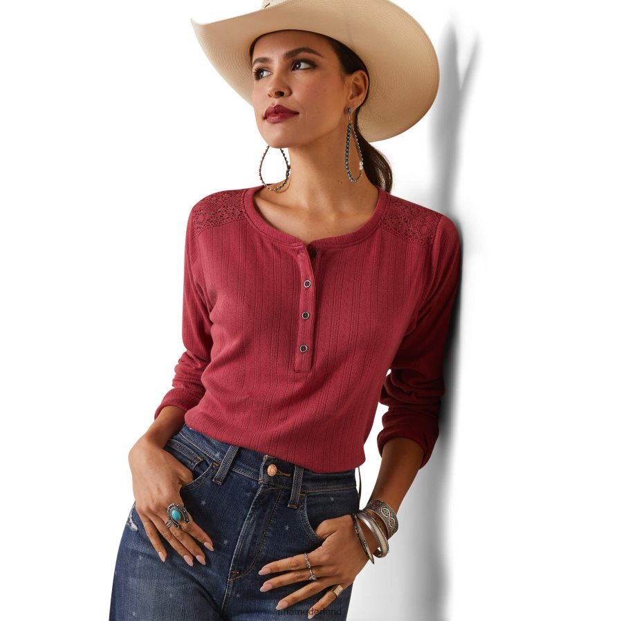 aarde rood pointelle henley-topje Ariat vrouwen topjes PJ26LN2802